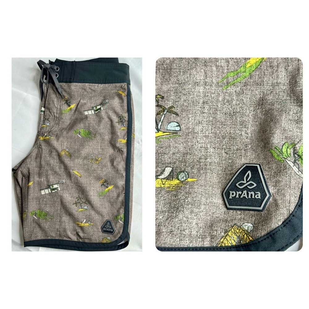 Prana Board Shorts Mens 34 Brown Surf Shack Parrot Tropical Print Swim Trunks